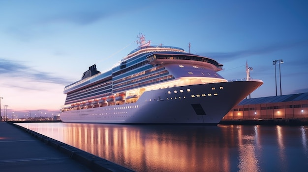 A modern white cruise ship near the pier at sunset side view Travel and vacation