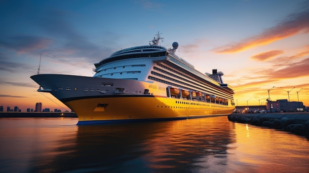 Photo a modern white cruise ship near the pier at sunset side view travel and vacation