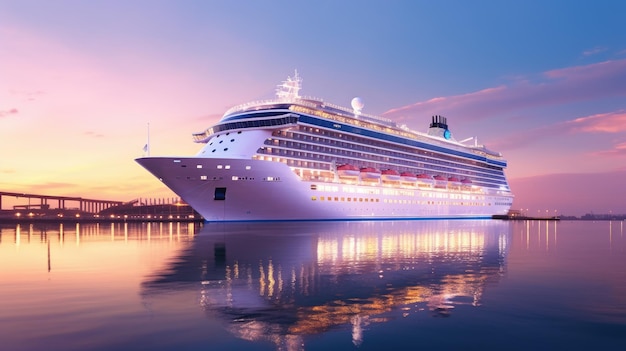 A modern white cruise ship near the pier at sunset side view Travel and vacation