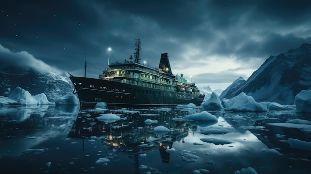 A modern white cruise ship sails the Arctic Ocean among ice floes and asbergs Travel and vacation En route northern lights