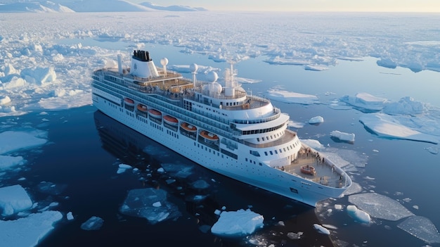 A modern white cruise ship sails the Arctic Ocean among ice floes and asbergs Travel and vacation En route