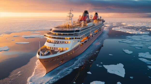 A modern white cruise ship sails the Arctic Ocean among ice floes and asbergs Travel and vacation En route