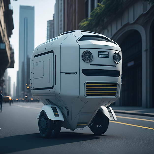 Photo a modern white delivery robot with city in the background generative ai
