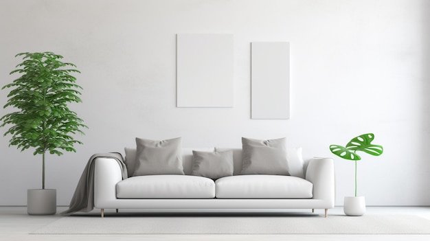 Modern white designer sofa on legs with cushions on grey carpet in middle minimalistic living room