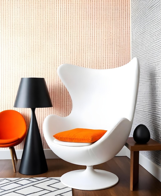 Photo modern white eggshaped chair with orange interior cushion in a room with geometric patterned