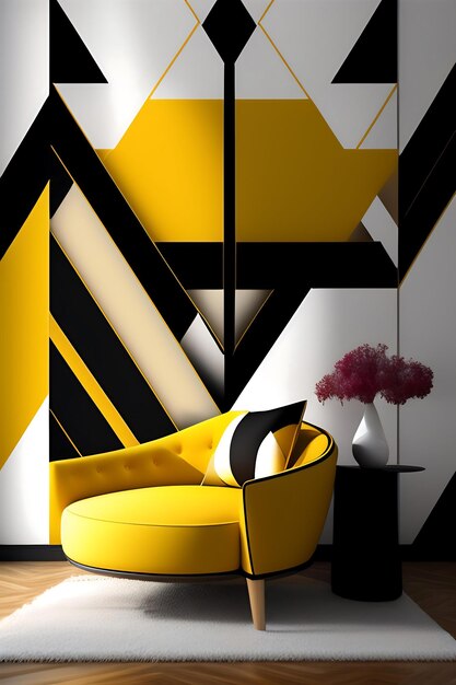 Modern white fabric cushion armchair wooden leg yellow pillow towel in sunlight on black geometri