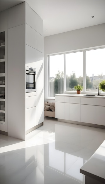 Современный белый интерьер дома жилой и кухонной комнаты