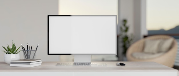 A modern white home office features a whitescreen PC computer mockup and accessories on a desk