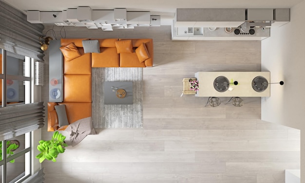 Modern white interior of luxury private house View of living room from above Red sofa