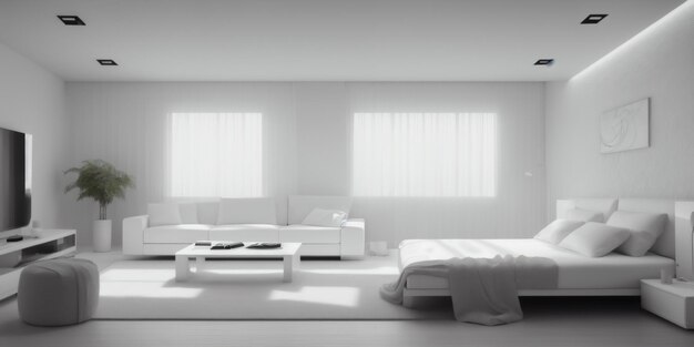 Modern white interior with bed wide ai generated image