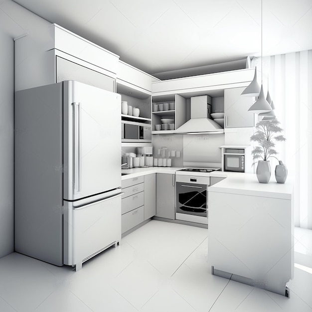 Современный белый интерьер кухни с дизайном фонового изображения мебели