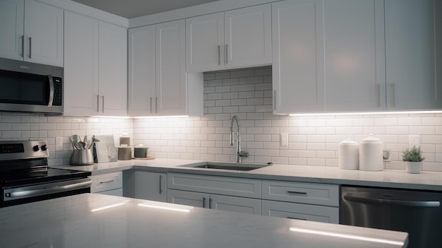 Modern white kitchen in scandi style with kitchen island and white marble countertops Modern kitchen equipment in a spacious kitchen