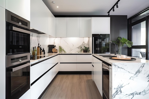 Modern white kitchen with marble countertops and sleek black appliances created with generative ai