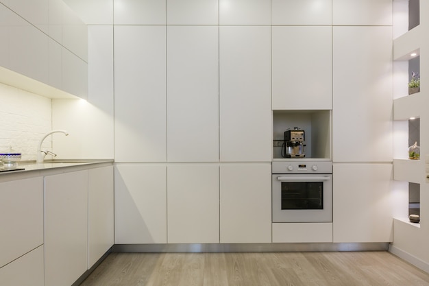 Modern white kitchen without handles