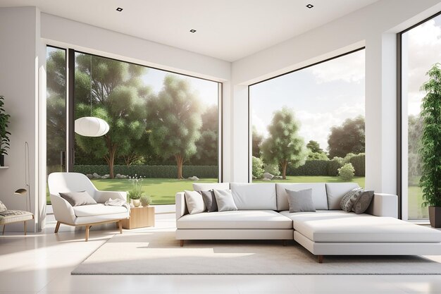 Foto il moderno soggiorno bianco 3d rende la grande finestra che si affaccia sul grande giardino