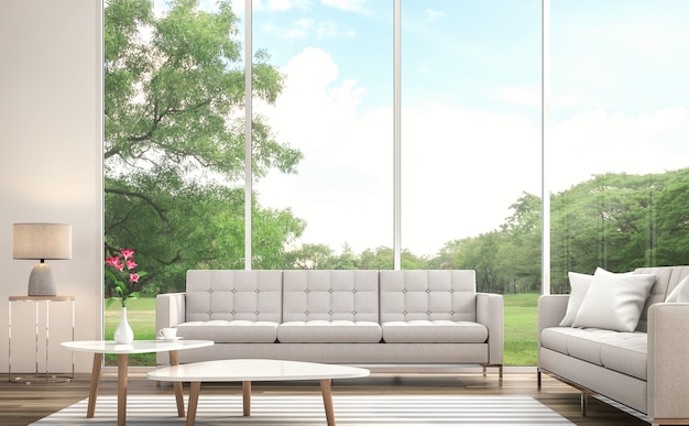 Modern white living room 3d render large window Overlooks to large garden