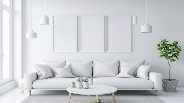 Modern white living room interior design with decoration and empty picture frame Generative Ai