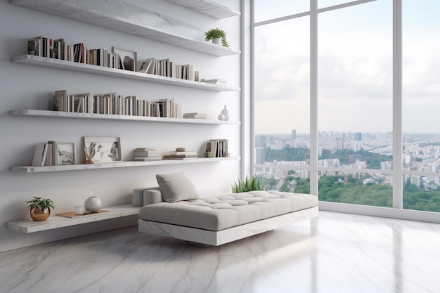 Modern white living room with a large window overlooking the city 3d rendering