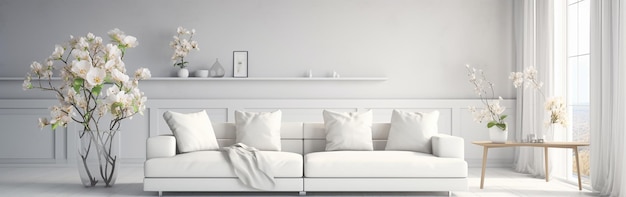 사진 소파가 있는 현대적인 흰색 거실