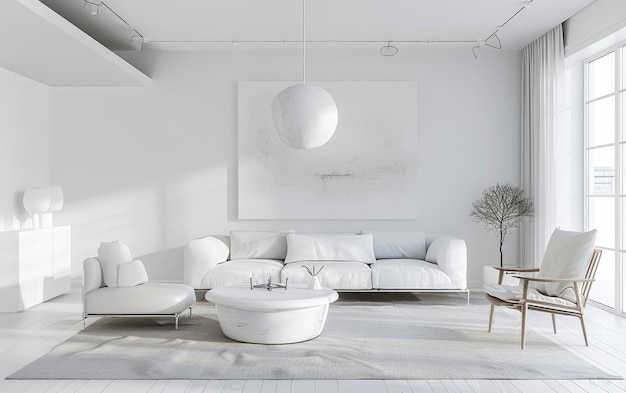 Modern white living space with clean lines and a minimalist aesthetic Art and light interplay