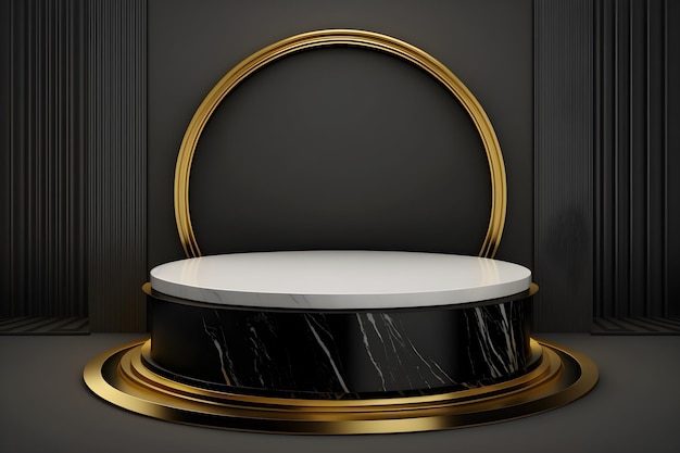 Photo modern white marble podium with luxurious black and golden wall background luxury product display