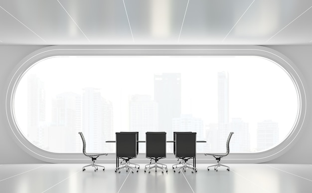 Modern white meeting room 3d render There are arch windows look out to see the city view background