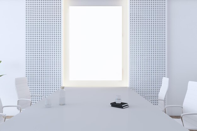 사진 빈 모형 배너 가구와 장식용 물건 3d 렌더링을 갖춘 현대적인 흰색 회의실 내부