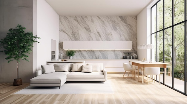 Modern white minimalist interior design with kitchen sofa wooden floor wall panels Generative AI