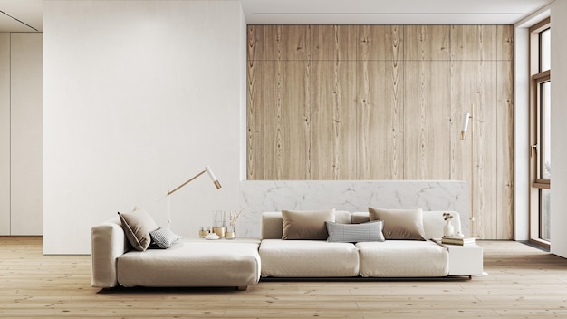 Modern white minimalist interior with kitchen sofa wood floor wall panels and marble kitchen island
