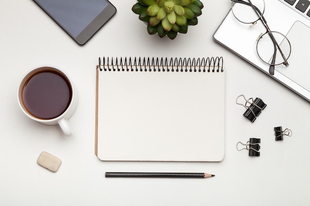 Modern white office desk table desk top view notebook office table