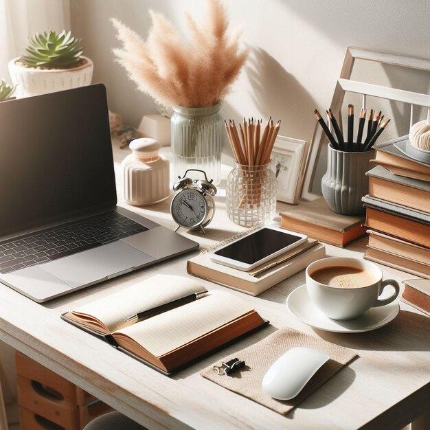 Modern white office desk table with laptop