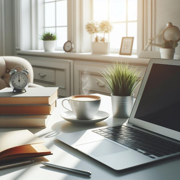 Modern white office desk table with laptop