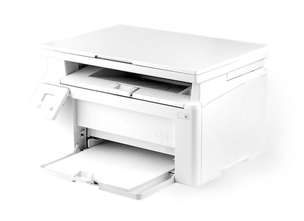 사진 흰색 배경에 고립 된 현대 흰색 프린터