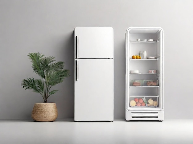 회색 바탕에 현대적인 색 냉장고 3D 렌더링 일러스트레이션