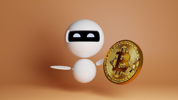 Modern white robot 3d illustration on orange background holding bitcoin