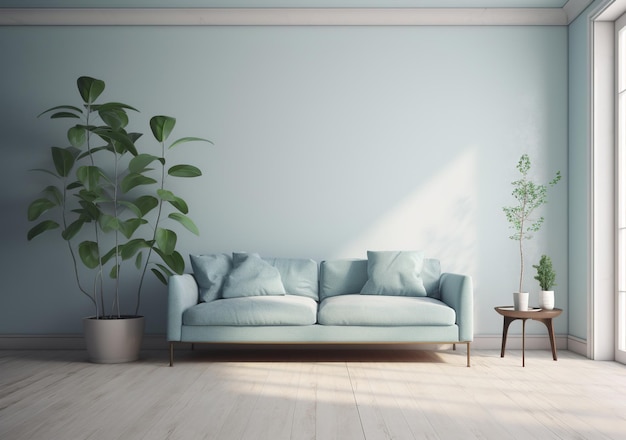 modern white room with green plant and dark blue sofa minimalist background