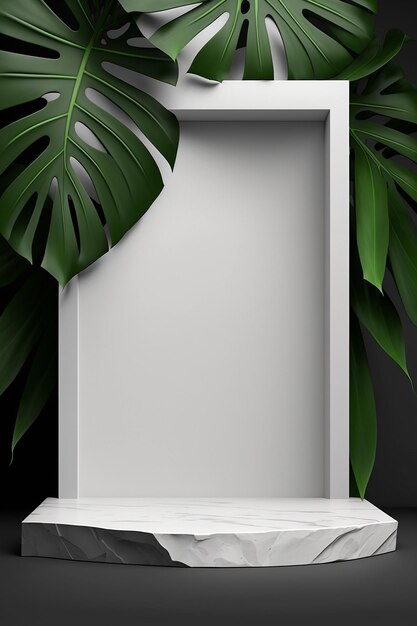 A modern white stand for shooting objects with a backdrop of stone and tropical leaves Generative AI