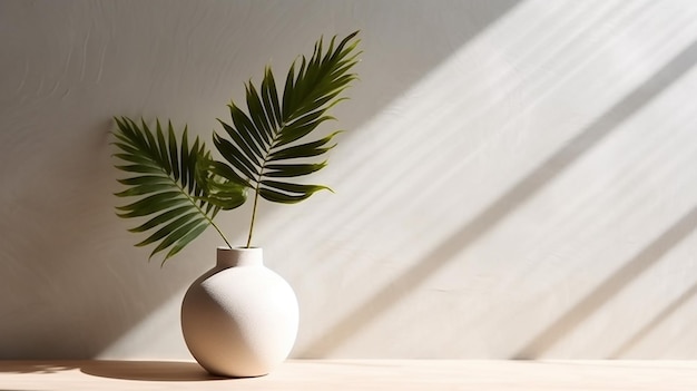 Modern white vase with green plant wooden plate on stone counter table with space Generative AI