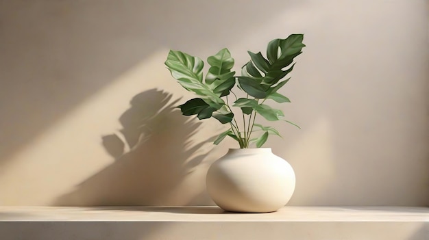 Modern white vase with green plant wooden plate on stone counter table with space in sunlight