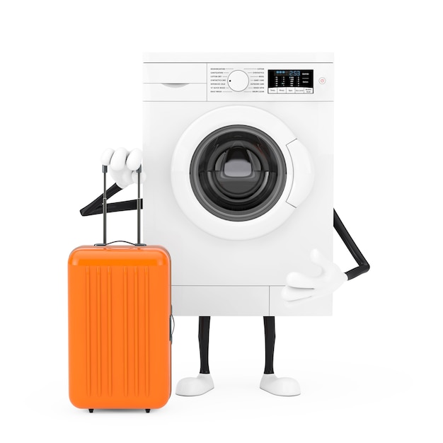 modern white washing machine character mascot with orange travel suitcase on a white background. 3d rendering