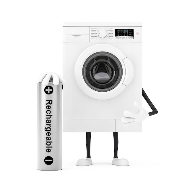 Modern White Washing Machine Character Mascot with Rechargeable Battery on a white background. 3d Rendering