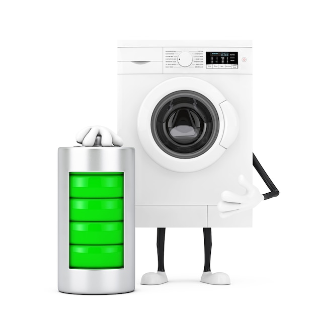 Modern White Washing Machine Character Mascot with with Abstract Charging Battery on a white background. 3d Rendering