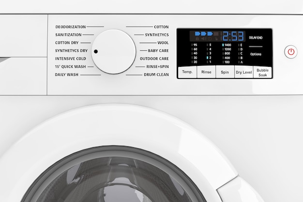 Modern White Washing Machine Front Panel with Display extreme closeup. 3d Rendering