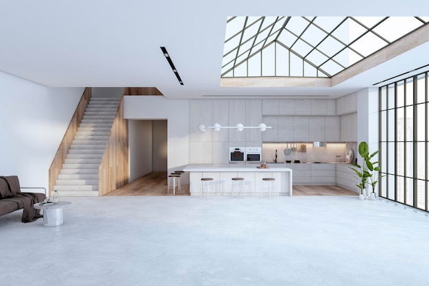 Modern white and wooden spacious kitchen interior with two floors stairs ceiling window with city view equipment and daylight 3D Rendering