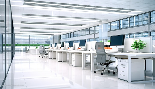 A modern white workspace with copy space against a blurred modern white office