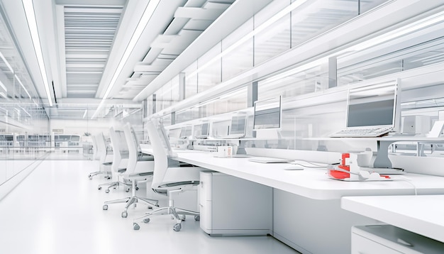 Foto un moderno spazio di lavoro bianco con copia spazio contro un moderno ufficio bianco sfocato
