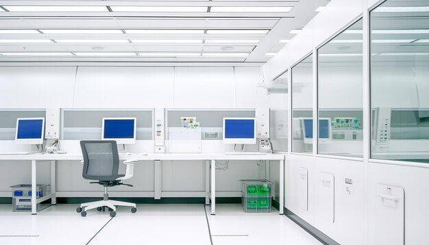 A modern white workspace with copy space against a blurred modern white office