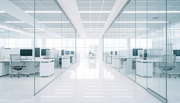 흐릿한 현대식 흰색 사무실과 대조되는 복사 공간이 있는 현대적인 흰색 작업 공간