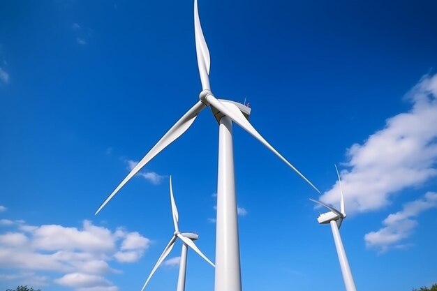 Modern wind turbines against the blue sky