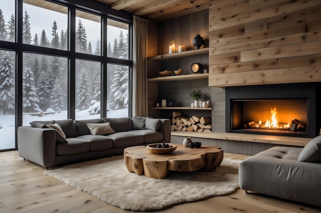 Modern winter living room interior with a fireplace